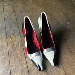 Jeffery Campbell Black, White, and Red Heels with Silver Accent.